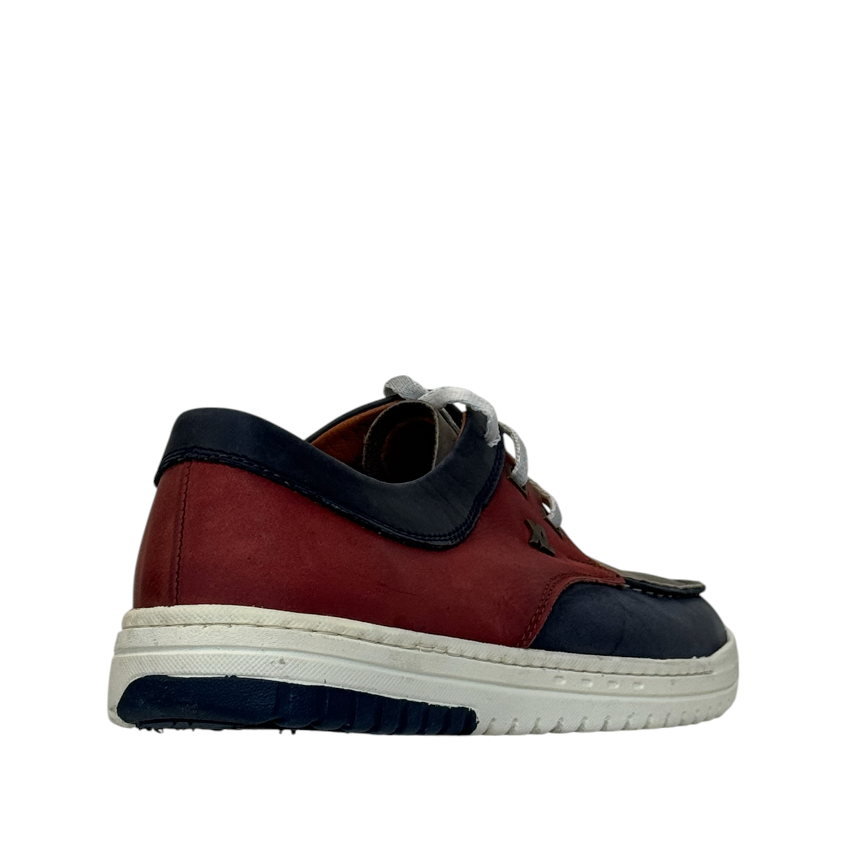 XL EVER LIFE GHEYSARIEH casual sneaker in red, navy, and grey leather with white rubber sole. Photo of back side view.