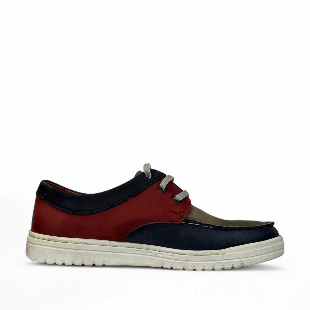 XL EVER LIFE GHEYSARIEH casual sneaker in red, navy, and grey leather with white rubber sole. Photo of left side view.