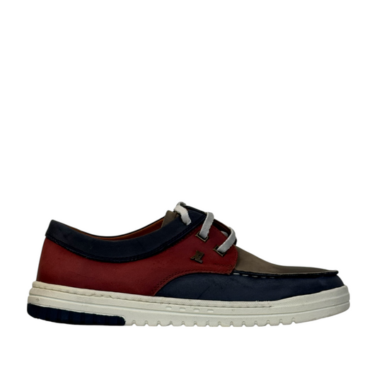 XL EVER LIFE GHEYSARIEH casual sneaker in red, navy, and grey leather with white rubber sole. Photo of right side view.