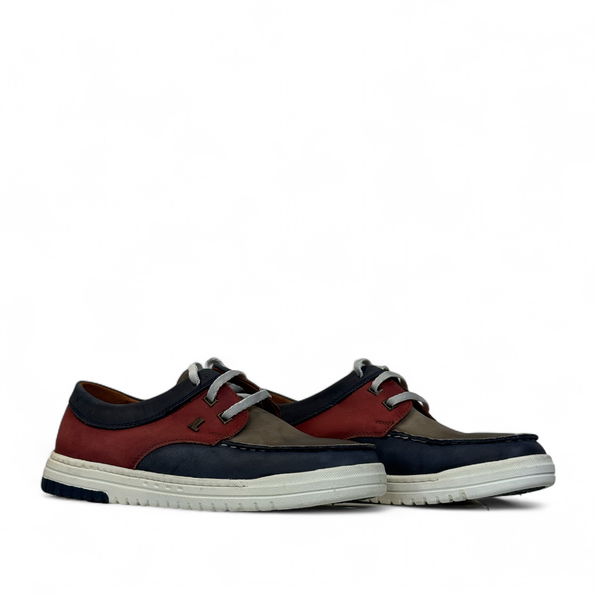 XL EVER LIFE GHEYSARIEH casual sneaker in red, navy, and grey leather with white rubber sole. Photo of front side view 2.