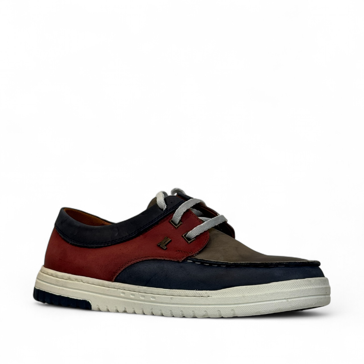 XL EVER LIFE GHEYSARIEH casual sneaker in red, navy, and grey leather with white rubber sole. Photo of front side view 1.