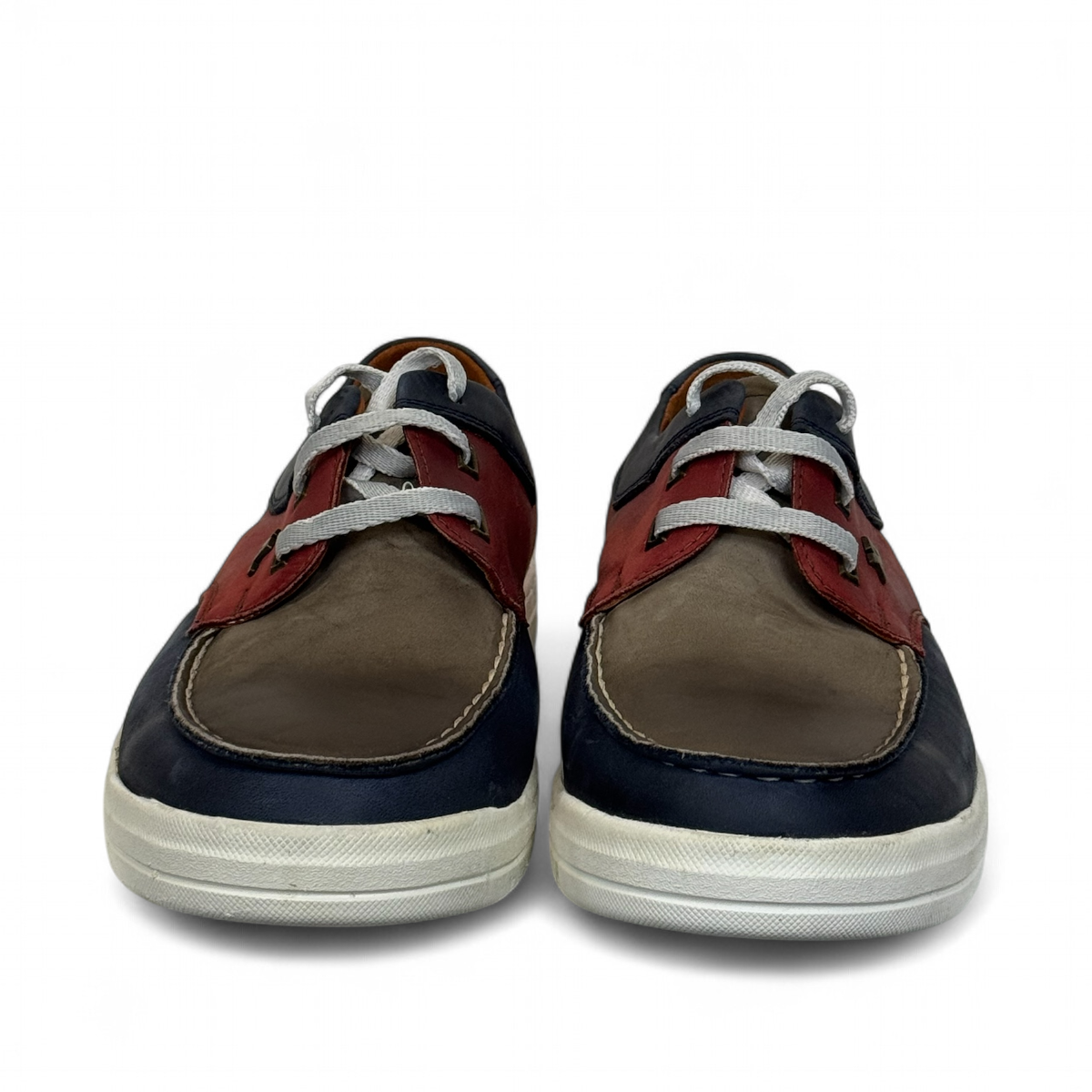 XL EVER LIFE GHEYSARIEH casual sneaker in red, navy, and grey leather with white rubber sole. Photo of front view 2.