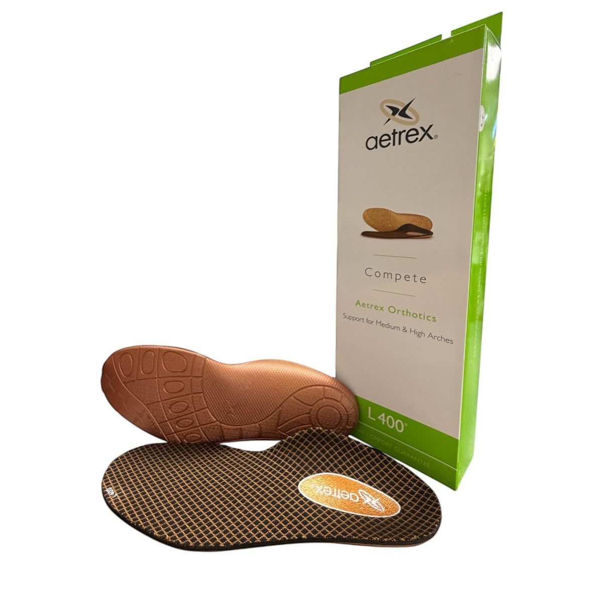 Aetrex Compete L400 orthotic insole with CopperGuard antimicrobial top cover for athletic footwear