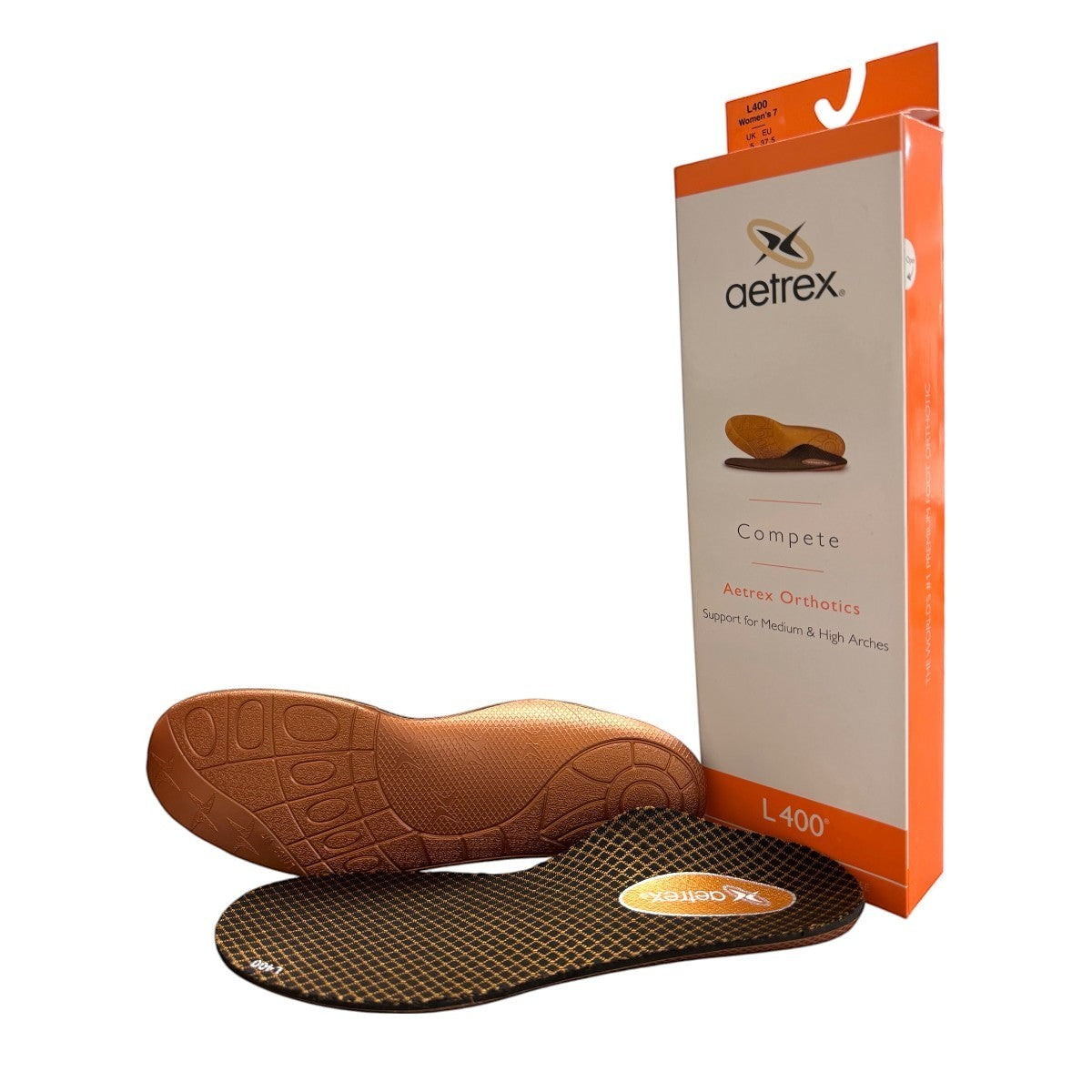Aetrex Compete L400 orthotic insole with a textured copper-colored base for athletic support