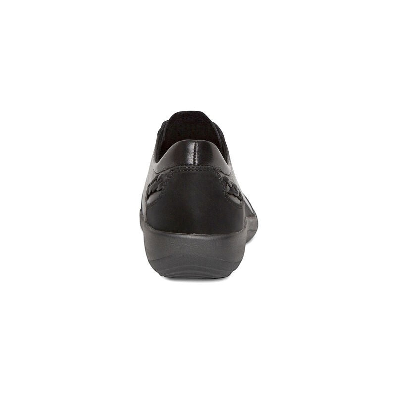 Aetrex Dana black leather lace-up sneaker with woven side detail and supportive orthotic arch design
