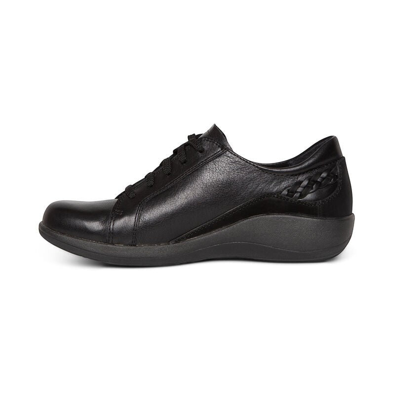 Aetrex Dana black leather lace-up sneaker with woven side detail and supportive orthotic arch design