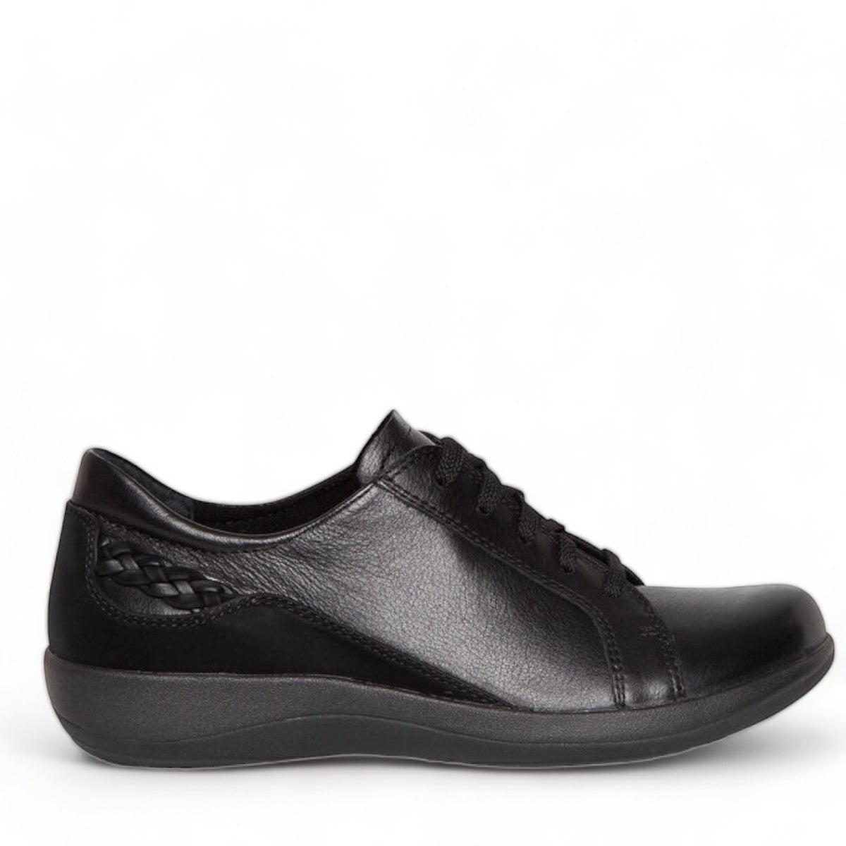 Aetrex Dana black leather lace-up sneaker with woven side detail and supportive orthotic arch design