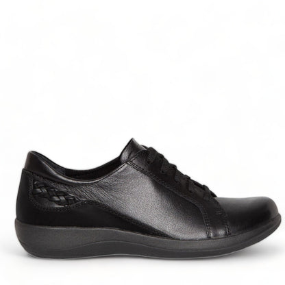 Aetrex Dana black leather lace-up sneaker with woven side detail and supportive orthotic arch design
