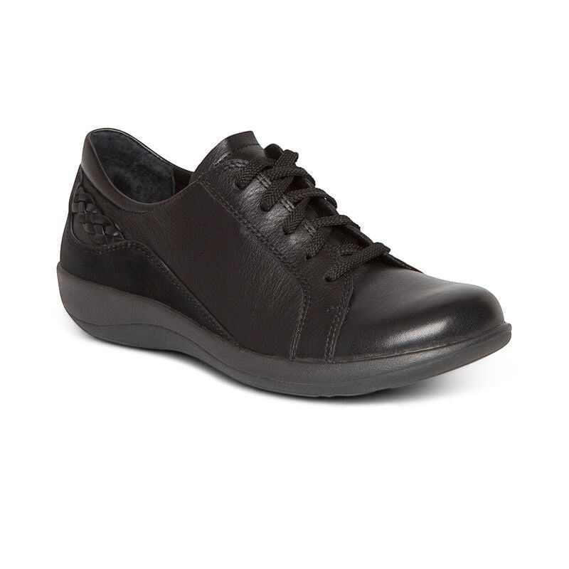 Aetrex Dana black leather lace-up sneaker with woven side detail and supportive orthotic arch design