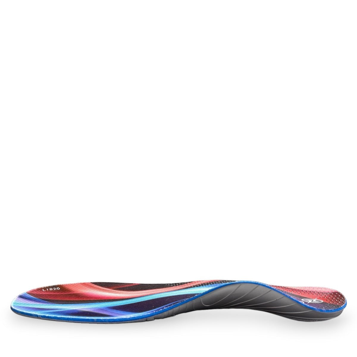 Aetrex Edge orthotic insole with a vibrant blue and red abstract wave pattern and microfiber top cover.