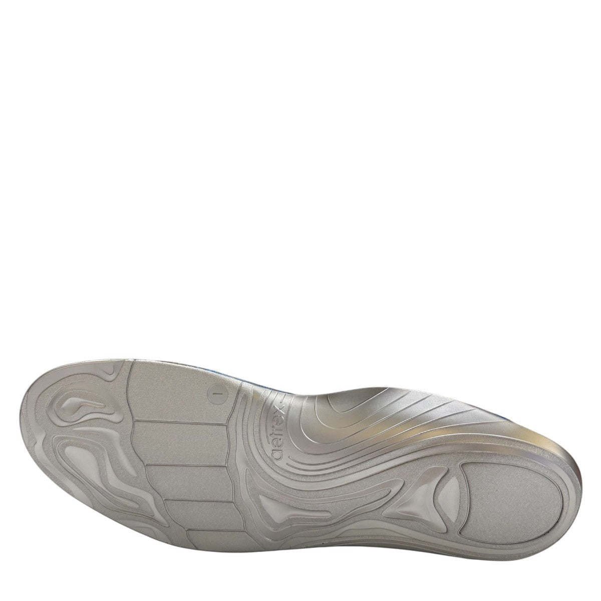 Aetrex Edge orthotic insole showing the grey polyurethane performance base with contoured arch support