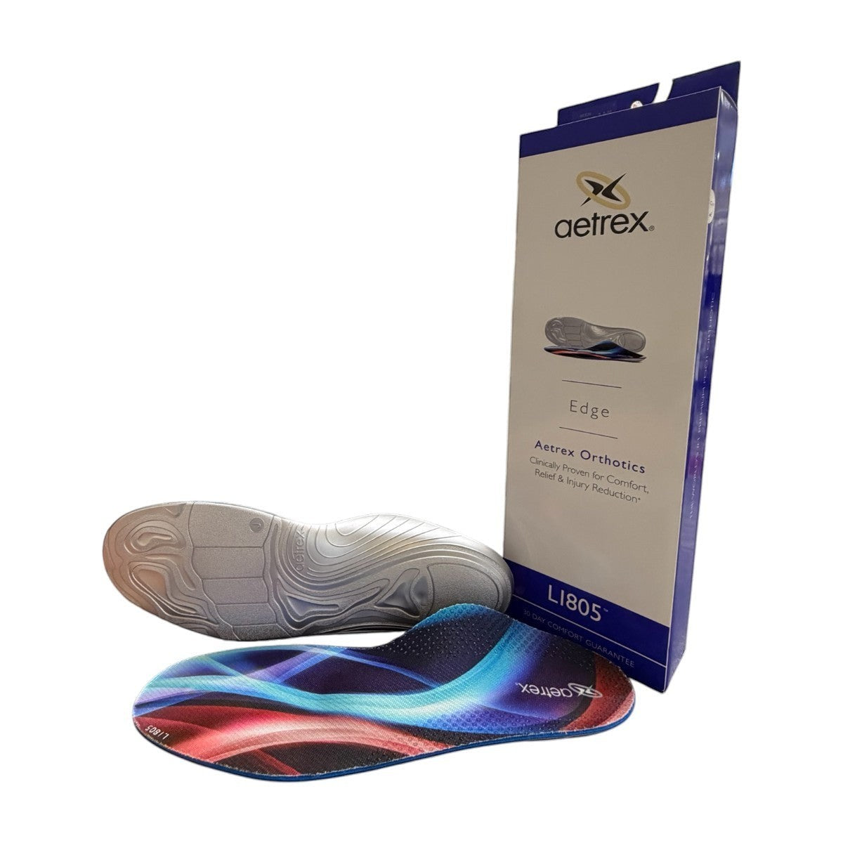 Aetrex Edge orthotic insole bottom view featuring grey AeroCell polyurethane performance base