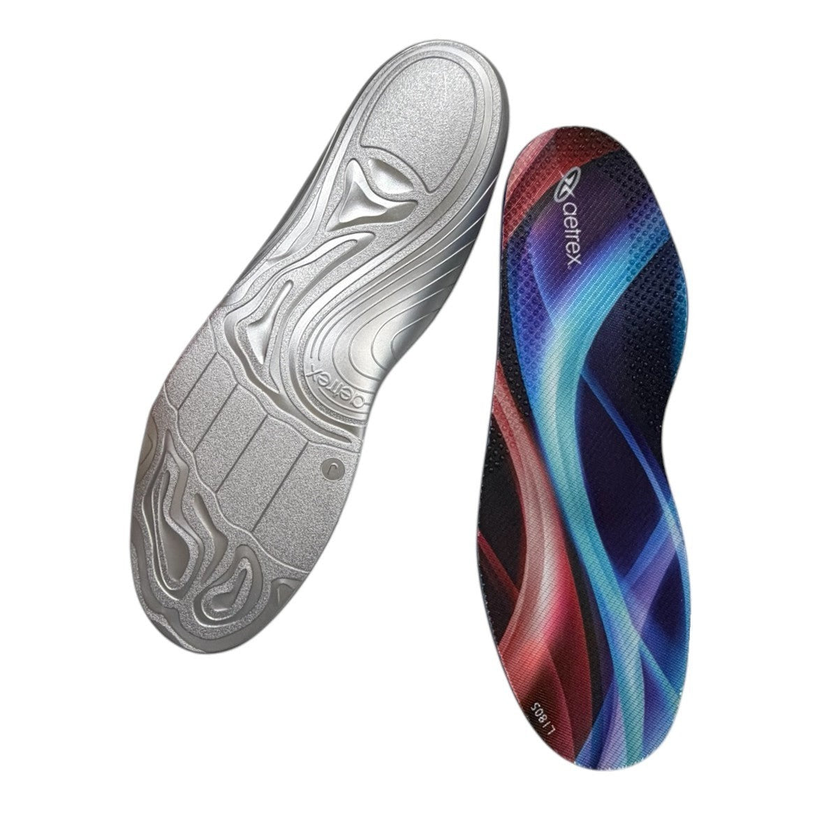 Aetrex Edge orthotic insole bottom view featuring grey AeroCell polyurethane performance base