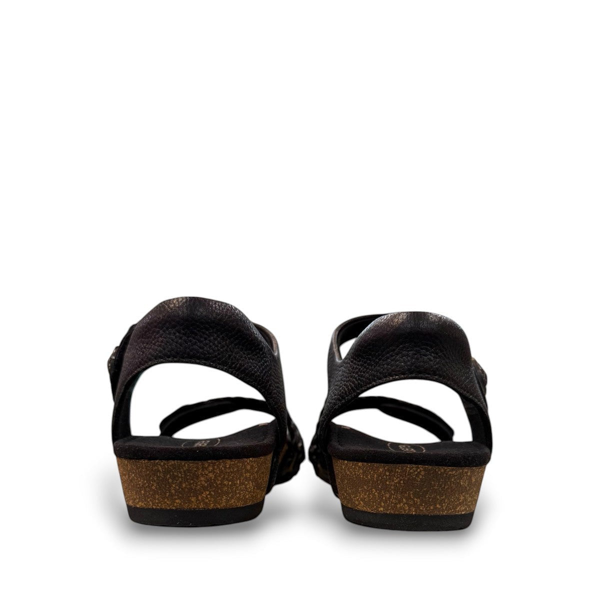 Aetrex Jillian black leather sandal showing the durable rubber outsole and cork midsole detail