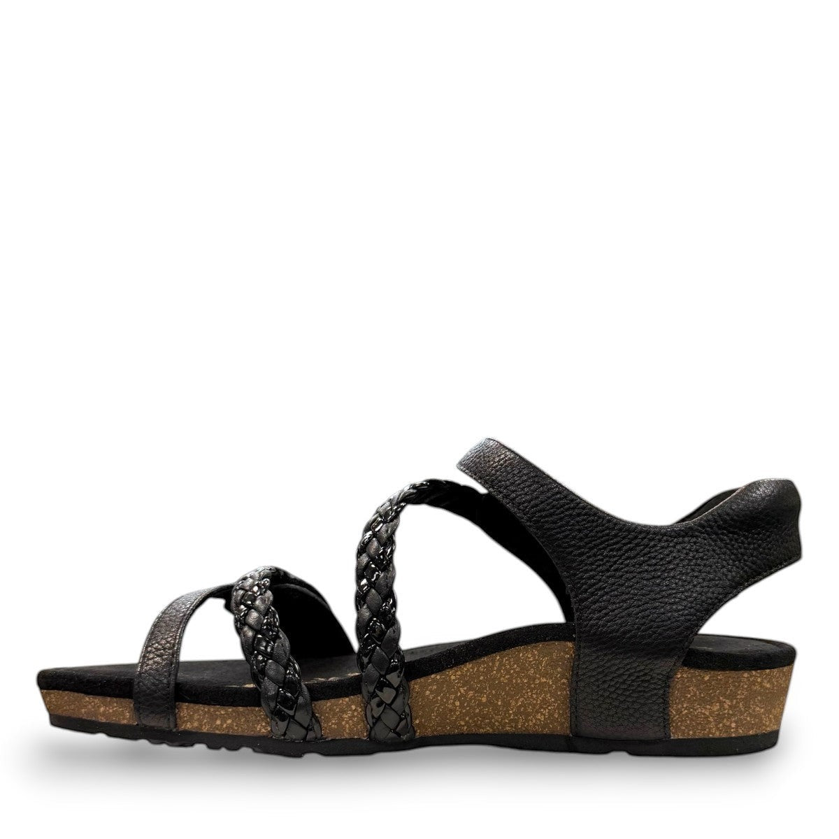 Aetrex Jillian black leather sandal showing the durable rubber outsole and cork midsole detail