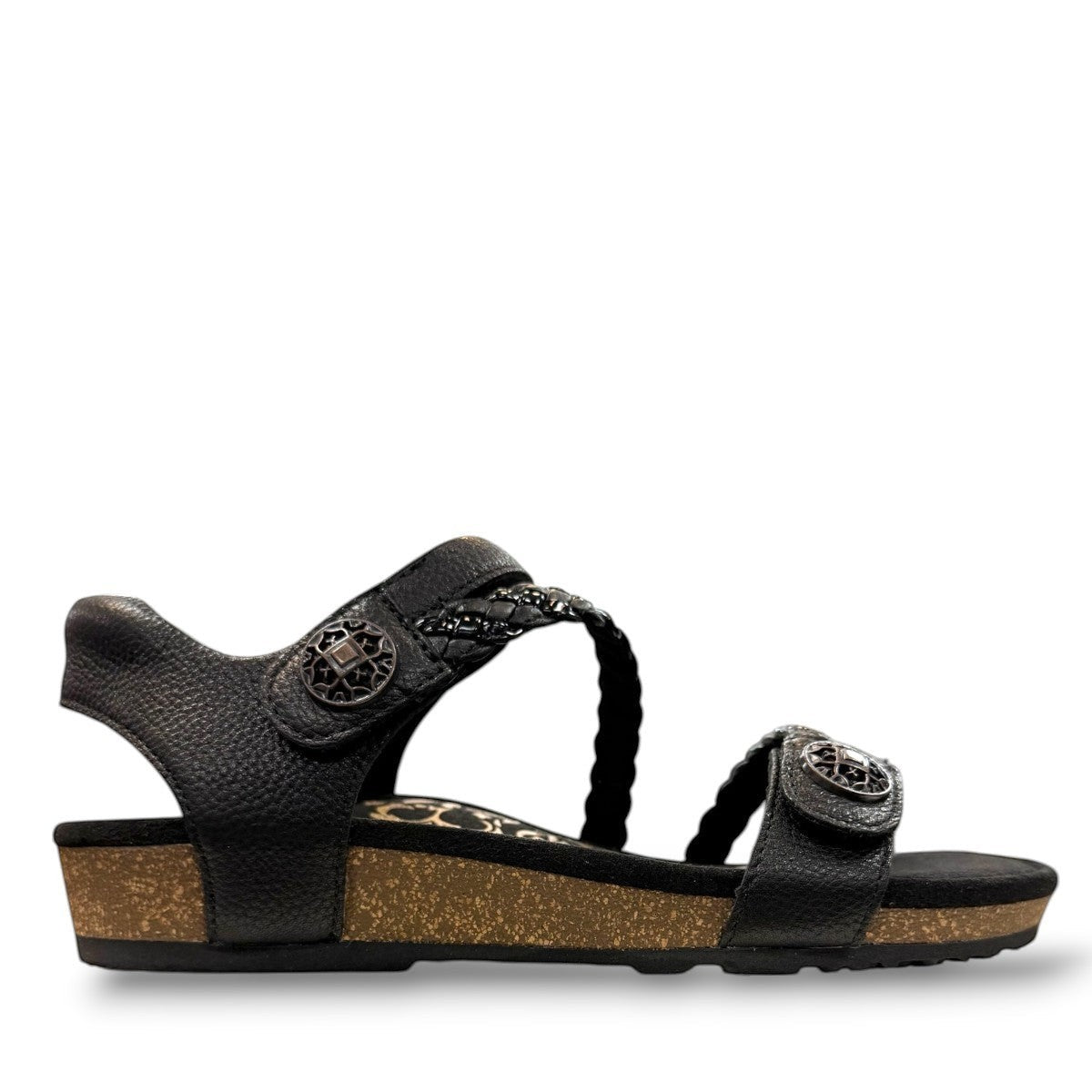 Aetrex Jillian black leather sandal showing the durable rubber outsole and cork midsole detail