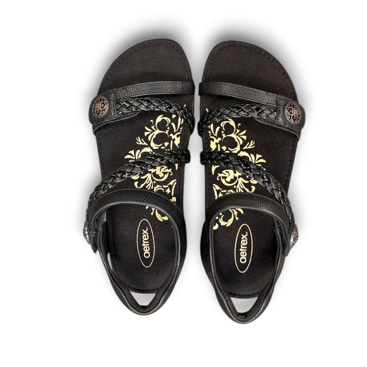 Aetrex Jillian black leather sandal showing the durable rubber outsole and cork midsole detail