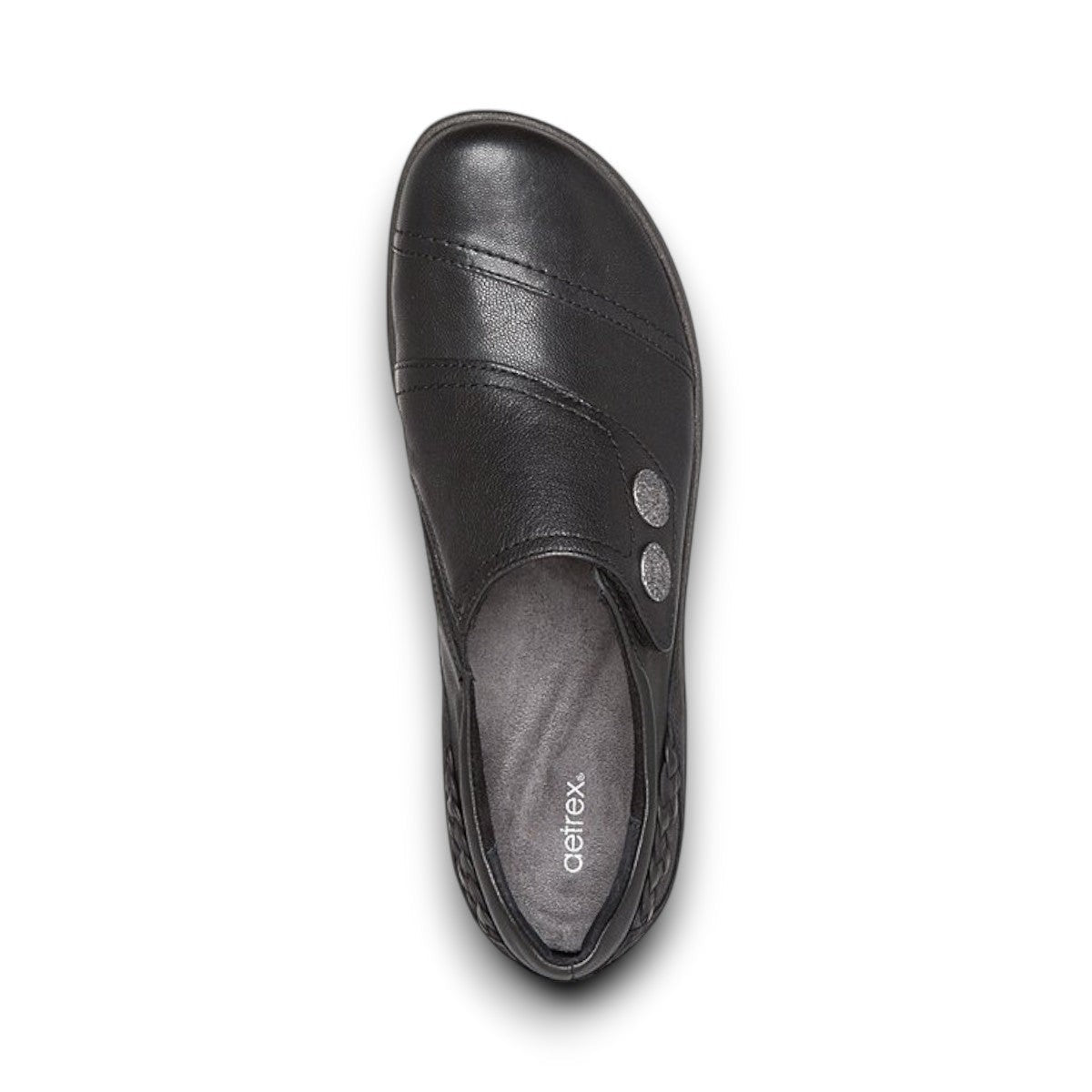 Aetrex Karina black orthotic shoe insole with ergonomic arch support and textured rubber base