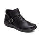 Aetrex Luna black leather ankle boots with pleated detail, side zipper, and adjustable buckle.