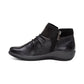 Aetrex Luna black leather ankle boots with pleated detail, side zipper, and adjustable buckle.