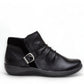 Aetrex Luna black leather ankle boots with pleated detail, side zipper, and adjustable buckle.