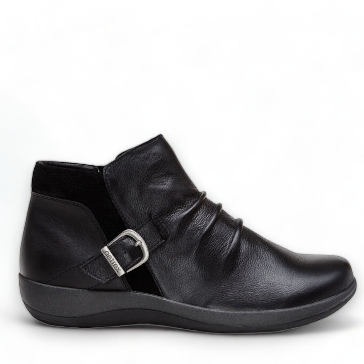 Aetrex Luna black leather ankle boots with pleated detail, side zipper, and adjustable buckle.