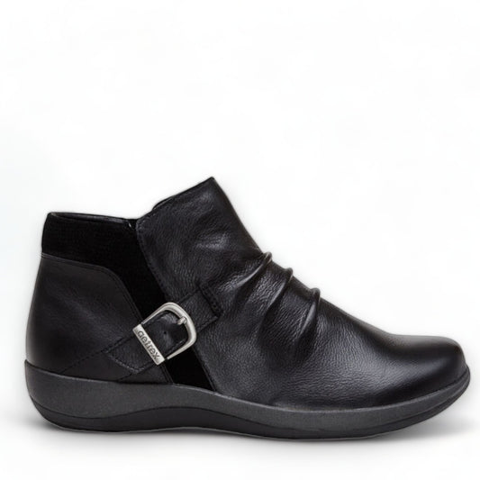 Aetrex Luna black leather ankle boots with pleated detail, side zipper, and adjustable buckle.