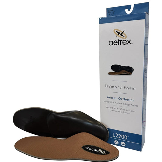 Aetrex L2200 memory foam orthotic insoles with arch support and copper antimicrobial lining in packaging