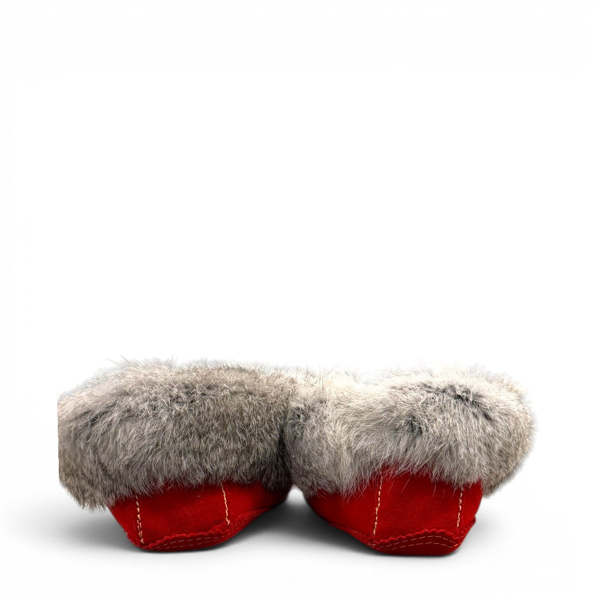 alberta red cowhide suede moccasins with a fluffy rabbit fur ankle collar, handcrafted for cozy comfort.
photo of the back side