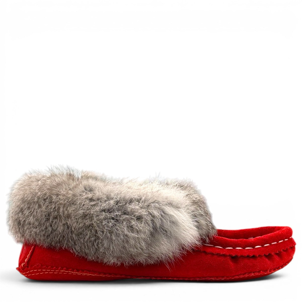 alberta red cowhide suede moccasins with a fluffy rabbit fur ankle collar, handcrafted for cozy comfort.
photo of the right side