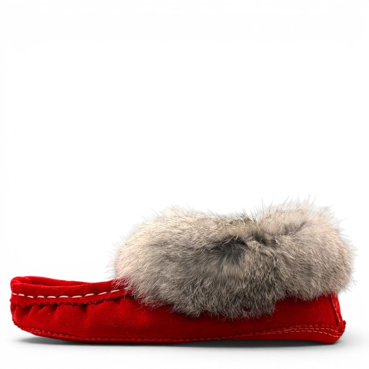alberta red cowhide suede moccasins with a fluffy rabbit fur ankle collar, handcrafted for cozy comfort.
photo of the left side