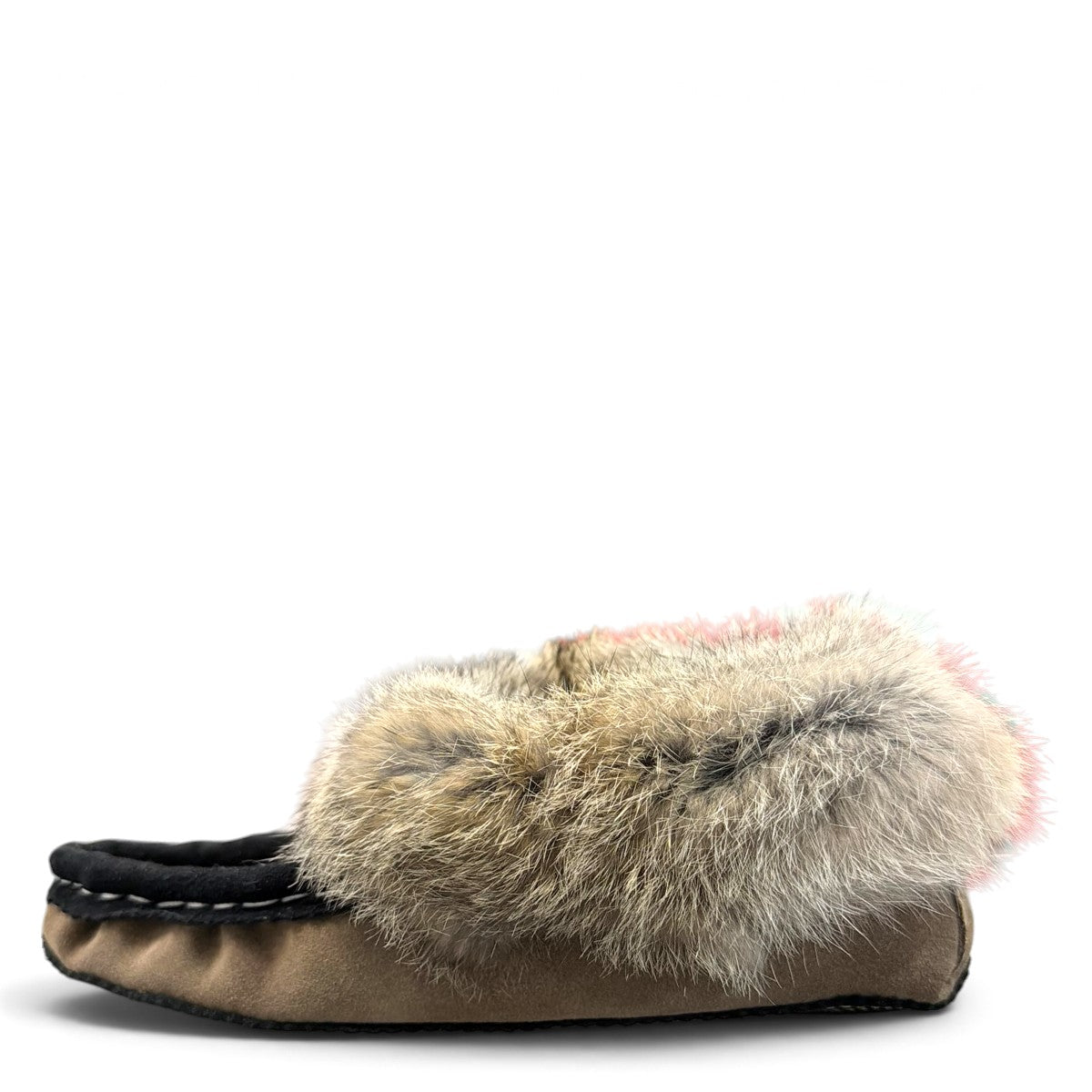 Alberta suede moccasins in coffee and black with a plush rabbit fur ankle collar and side stitching. Photo of left side view.