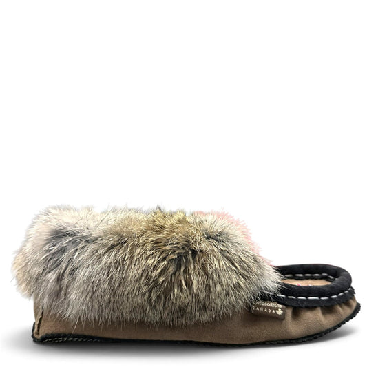 Alberta suede moccasins in coffee and black with a plush rabbit fur ankle collar and side stitching. Photo of right side view.