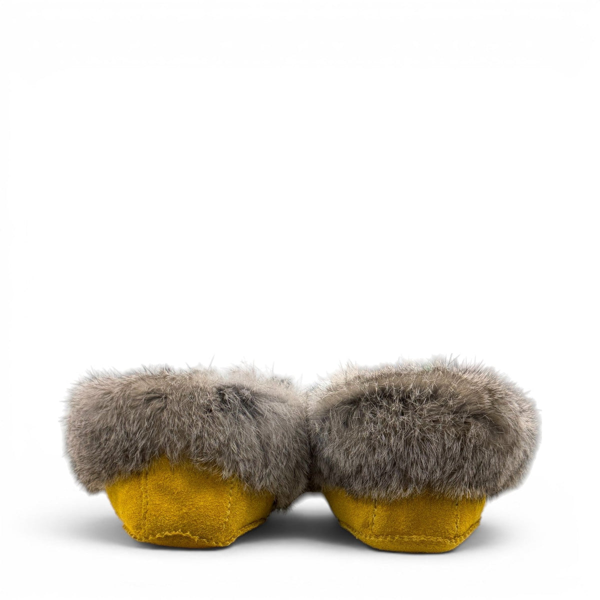 alberta-suede-moccasins yellow cowhide suede moccasins with a soft rabbit fur ankle collar, handcrafted for cozy comfort.
photo of the back side