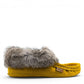 alberta-suede-moccasins yellow cowhide suede moccasins with a soft rabbit fur ankle collar, handcrafted for cozy comfort.
photo of the right side