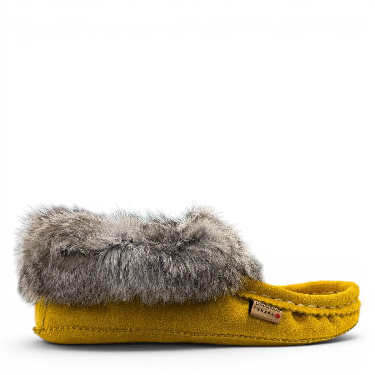 alberta-suede-moccasins yellow cowhide suede moccasins with a soft rabbit fur ankle collar, handcrafted for cozy comfort.
photo of the right side