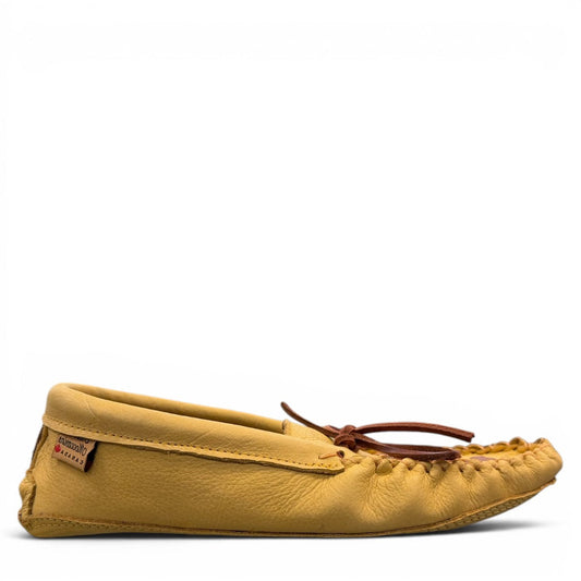Alberta moccasins yellow caribou hide leather moccasins with a soft double leather sole and brown lace-up closure.
photo of the right side
