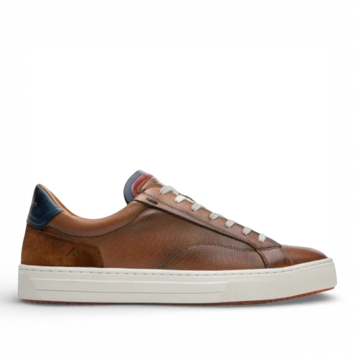 AMBITIOUS camel leather lace-up sneaker with a minimalist design and a lightweight white sole.