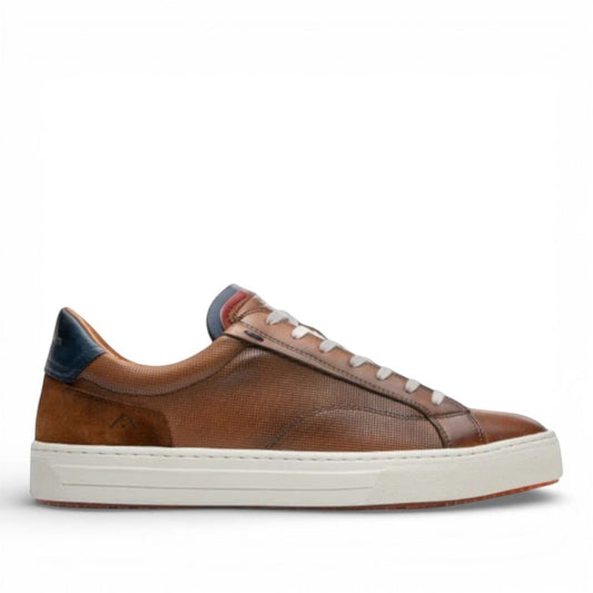 AMBITIOUS camel leather lace-up sneaker with a minimalist design and a lightweight white sole.