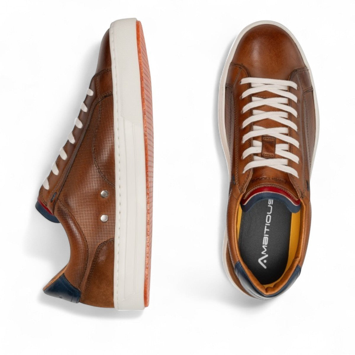 AMBITIOUS camel leather lace-up sneaker with a minimalist design and a lightweight white sole.