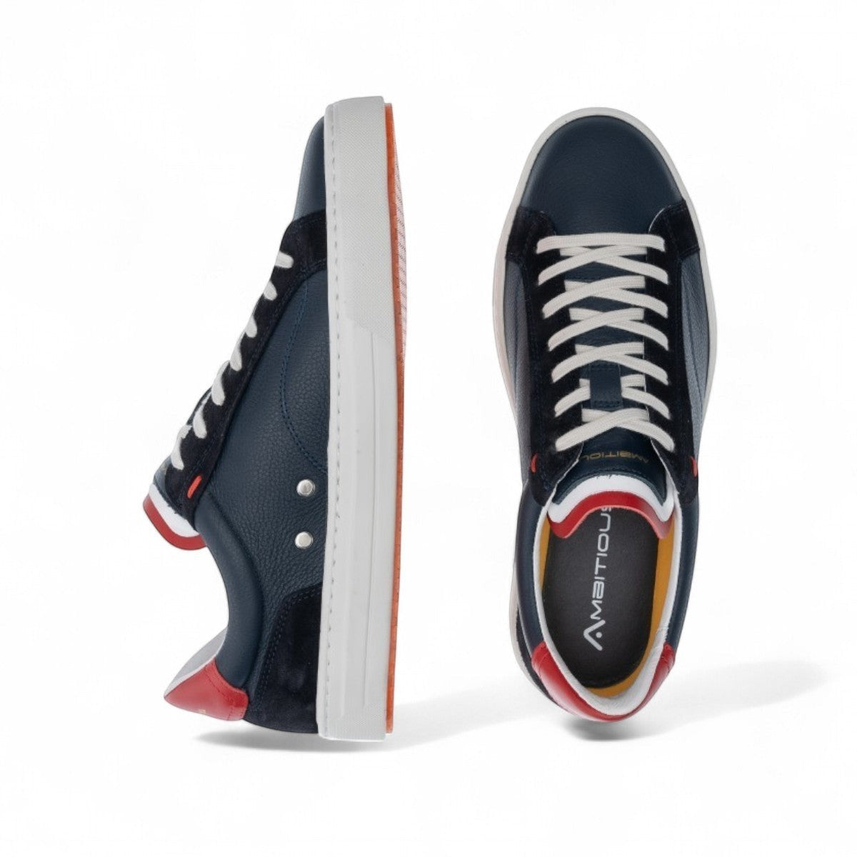 AMBITIOUS navy leather lace-up sneakers with white and red accents and a lightweight transparent sole
