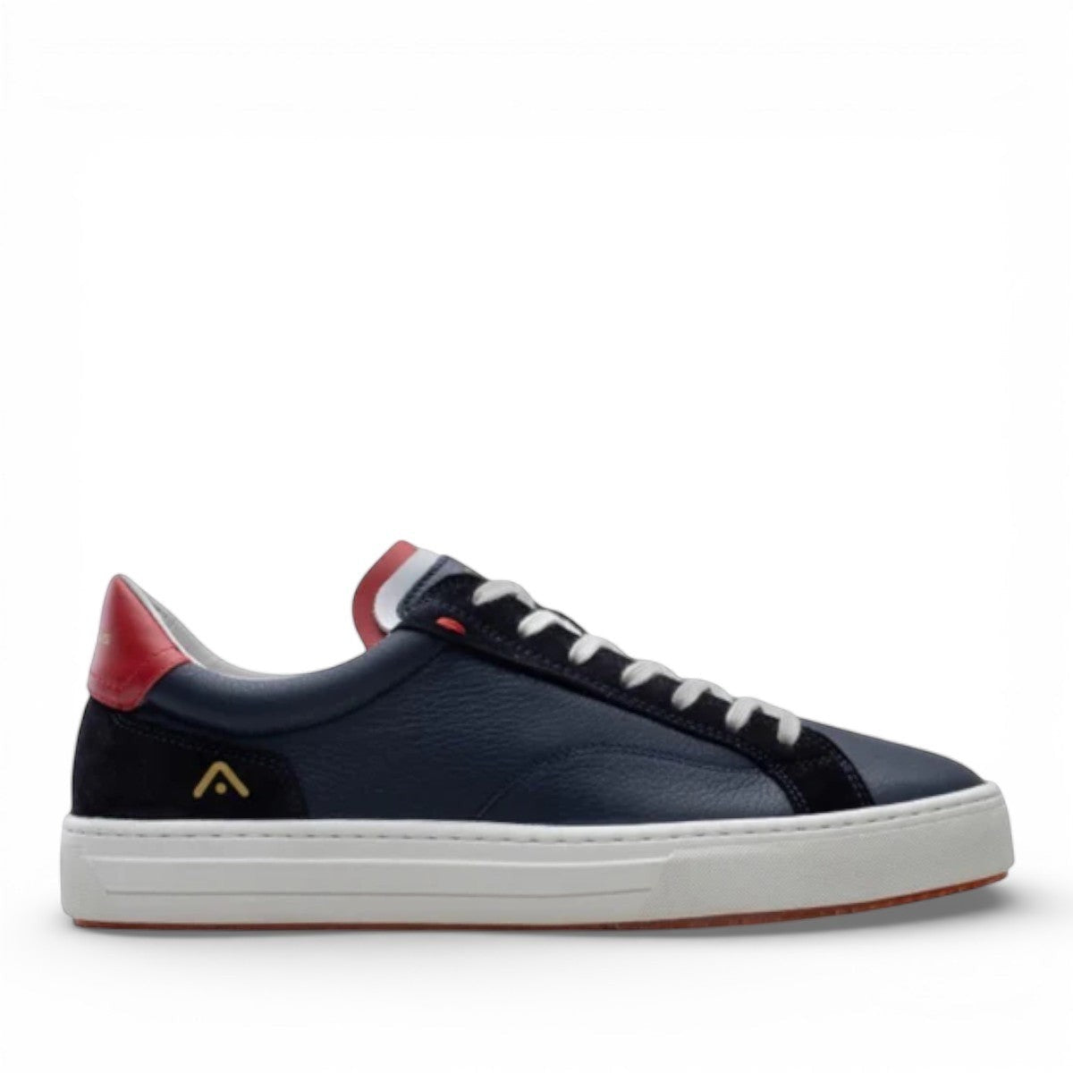 AMBITIOUS navy leather lace-up sneakers with white and red accents and a lightweight transparent sole
