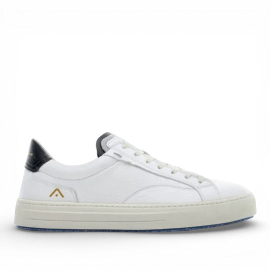 AMBITIOUS white leather lace-up sneaker with black heel tab and lightweight transparent sole