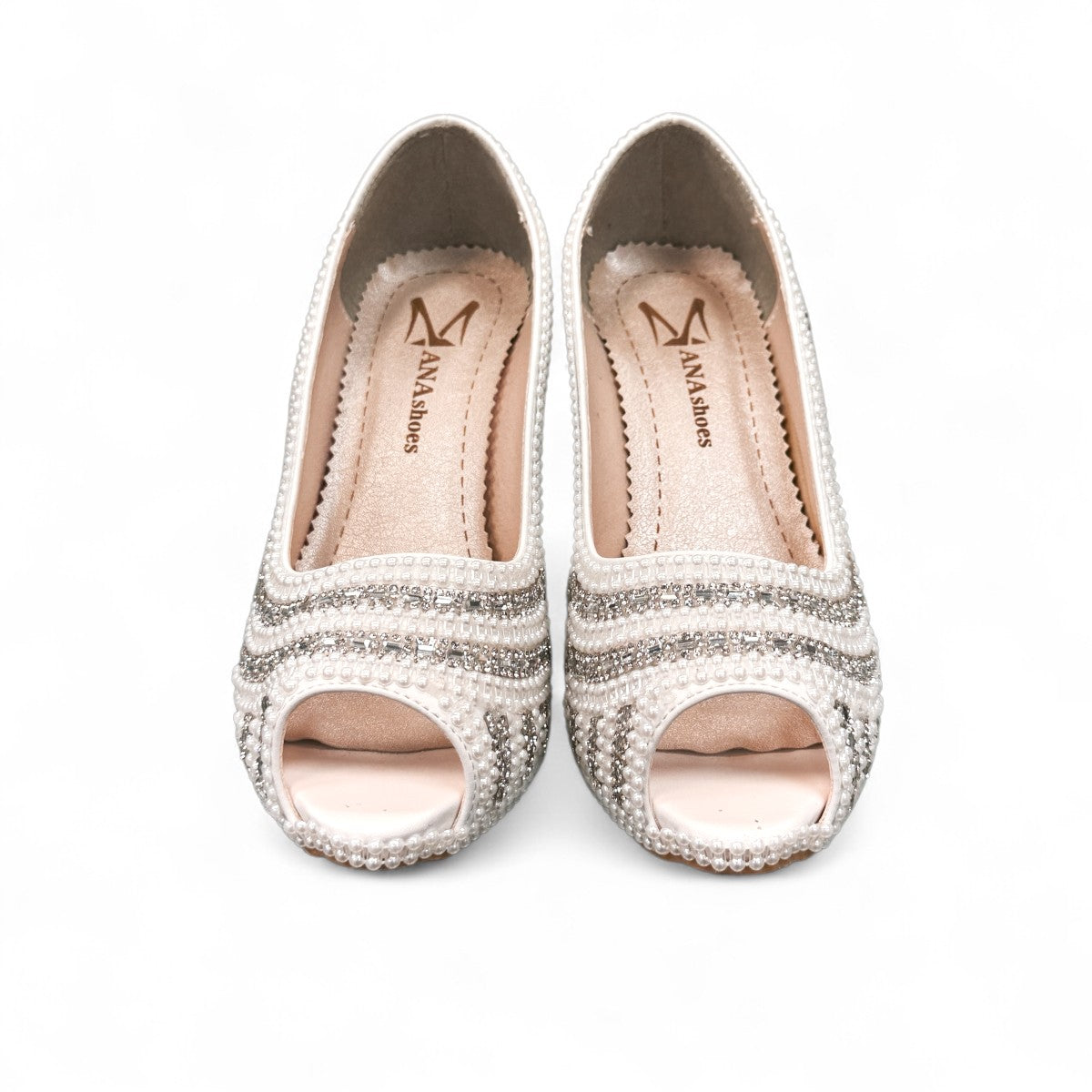 ANA MINA silver bridal high heel shoe with pearl and crystal embellishments in a peep-toe design. Photo of upper view.
