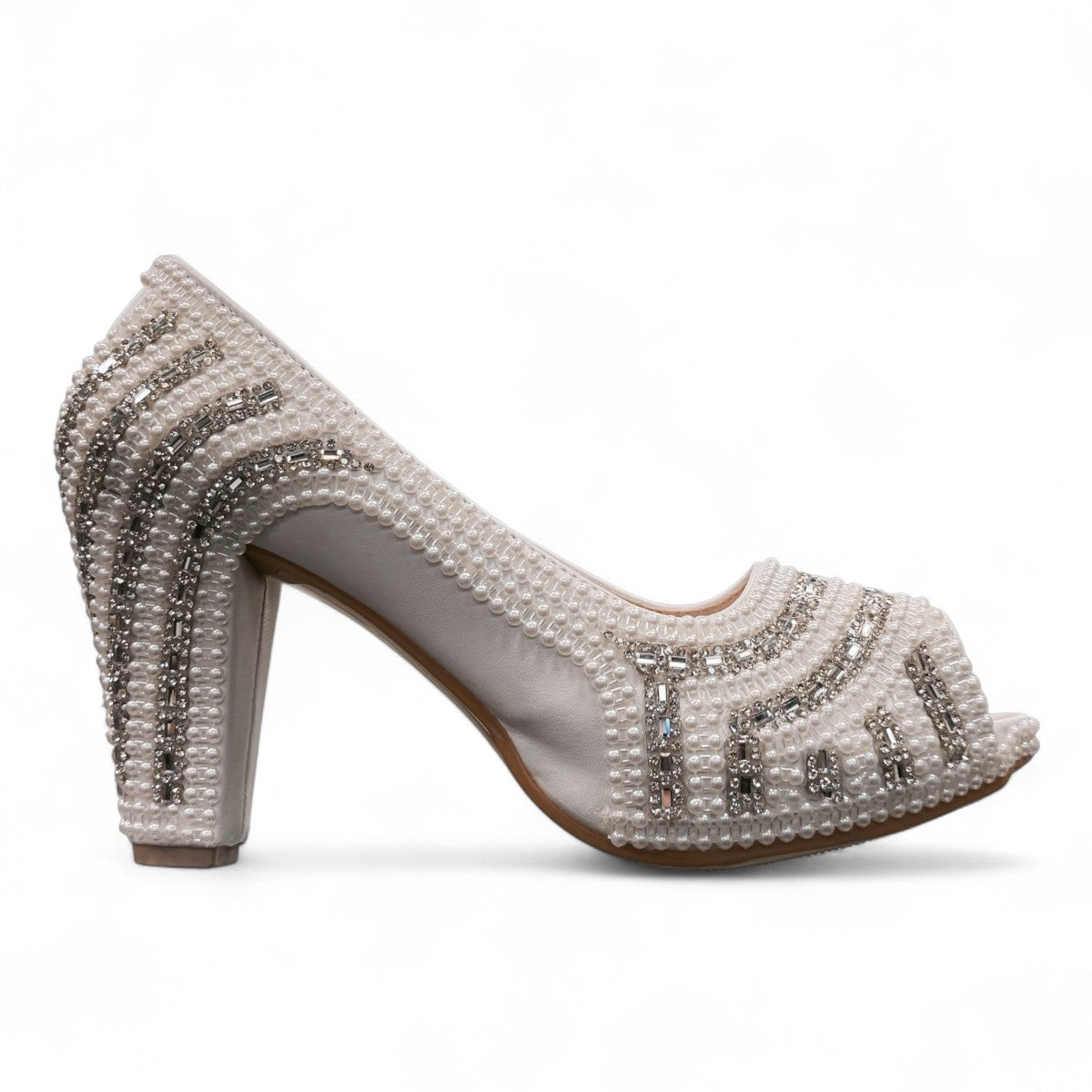 ANA MINA silver bridal high heel shoe with pearl and crystal embellishments in a peep-toe design. Photo of right side view.