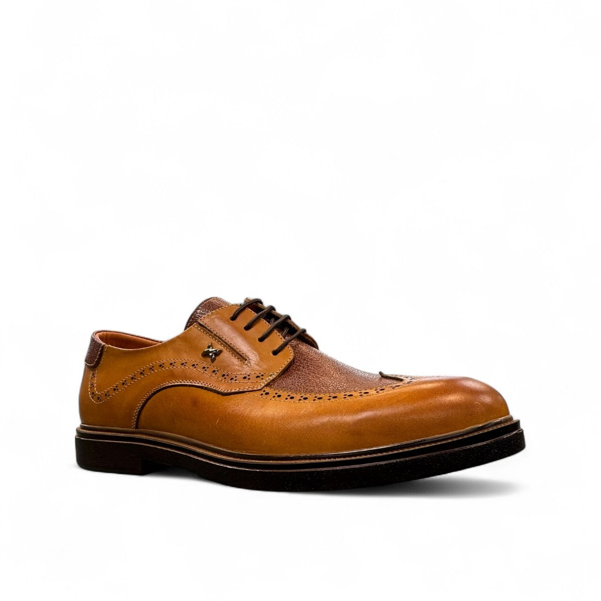 Sina Footwear Asal brown patent leather shoes with lace-up closure and durable rubber outsole. Photo of front side view.