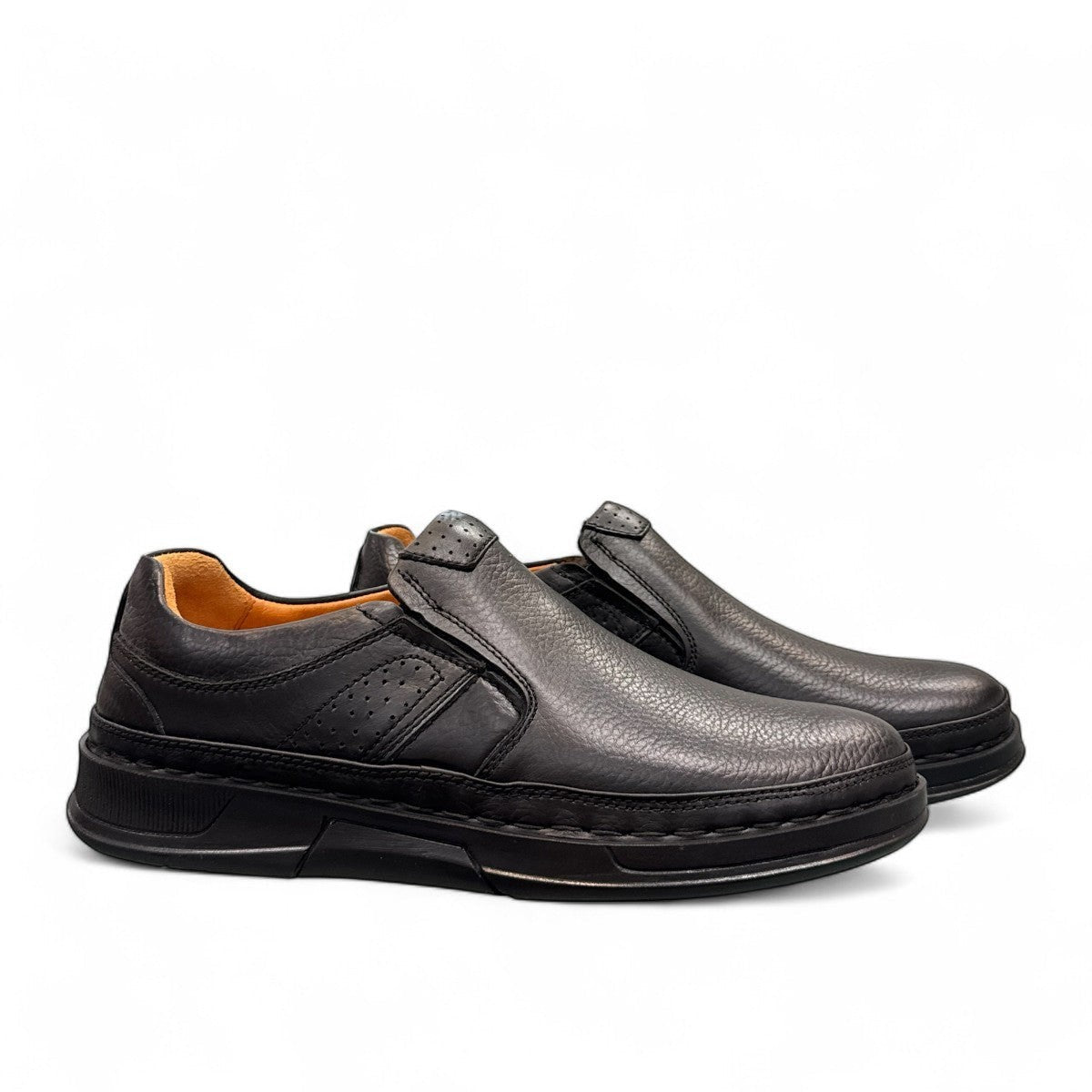 Atropat Abyaneh black leather slip-on shoes with handmade stitching and durable rubber outsole. Photo of side views.