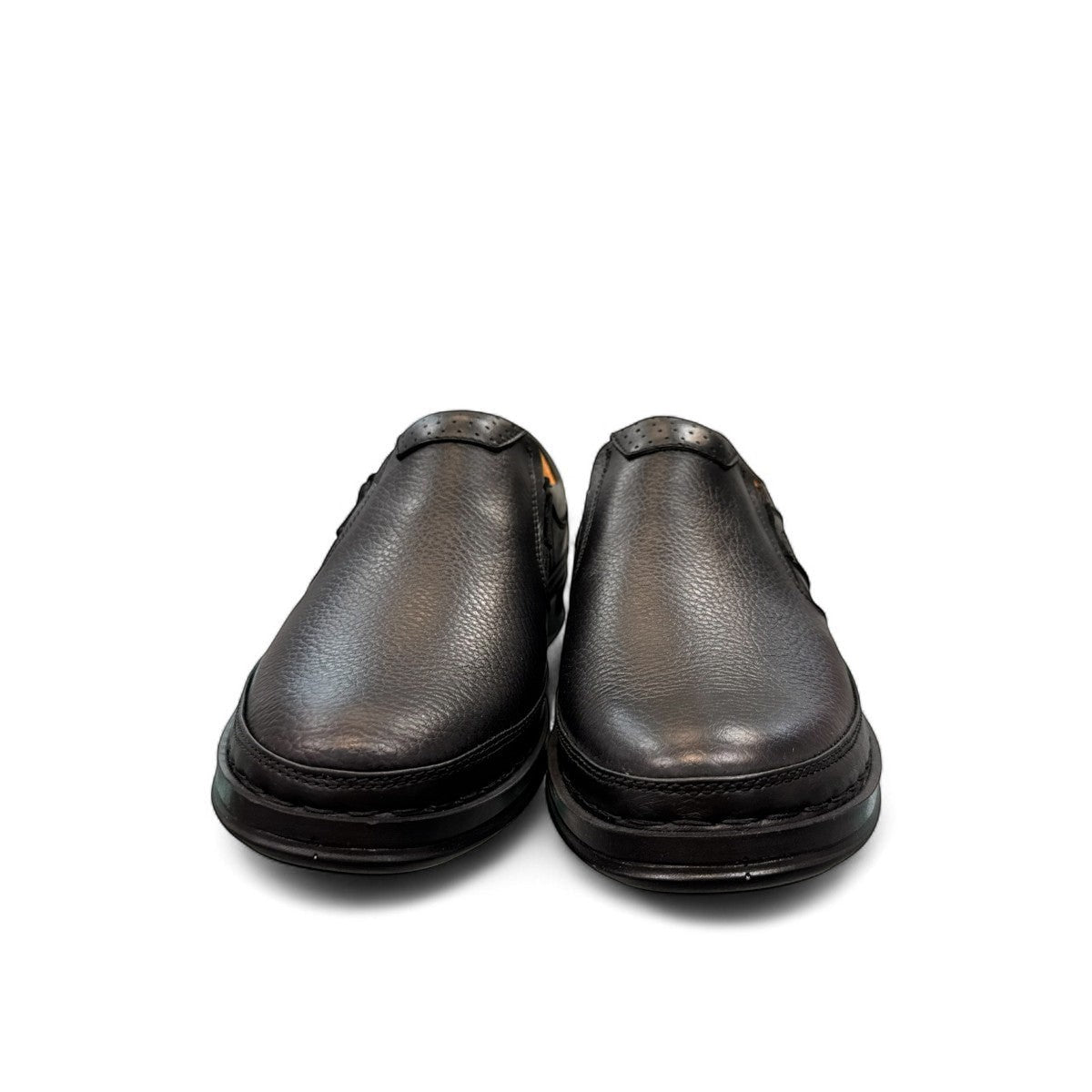 Atropat Abyaneh black leather slip-on shoes with handmade stitching and durable rubber outsole. Photo of front view.