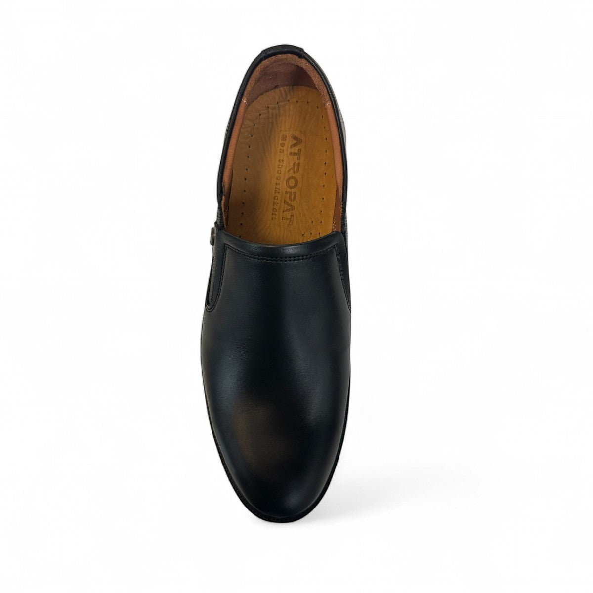 Atropat Aghdasieh black leather slip-on dress shoe with handmade stitching and rubber outsole. Photo of upper view.