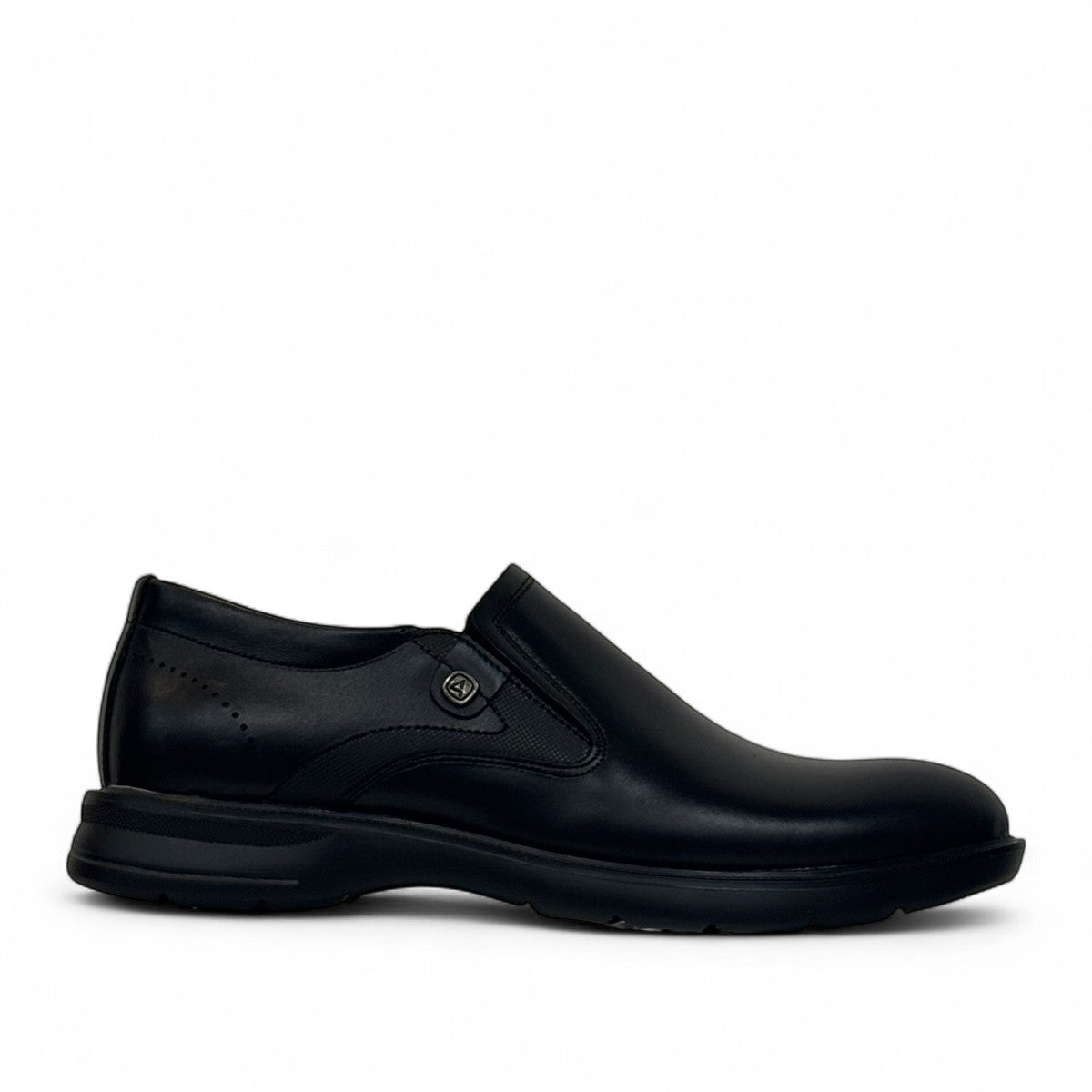 Atropat Aghdasieh black leather slip-on dress shoe with handmade stitching and rubber outsole. Photo of outside side view.